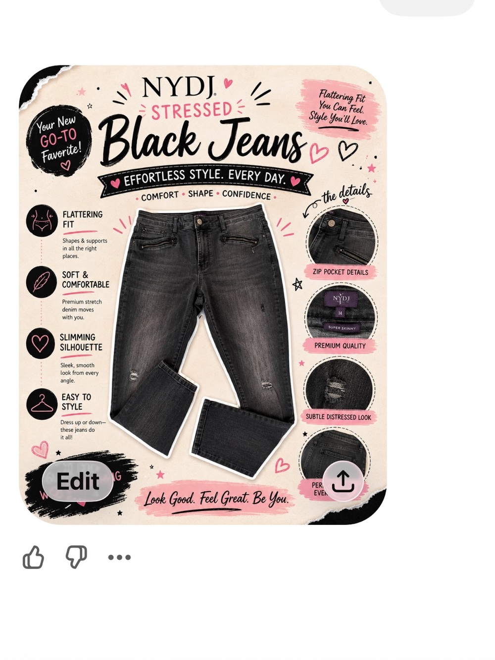 NYDJ Stressed Black Skinny Leg Jeans Size 14